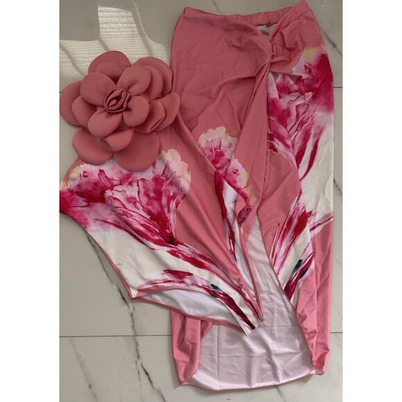 Women’s One-Piece 3D Flower Swimsuit With Matching Wrap/Skirt peach pink Large - Picture 6 of 16